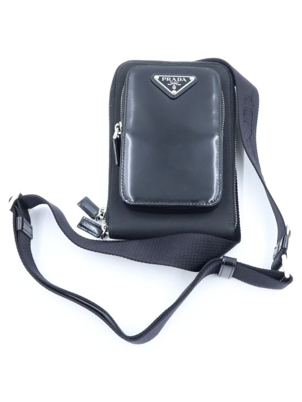 Prada Phone Case Shorder Re-Nylon Logo Triangle Plate Leather Shoulder Bag Black